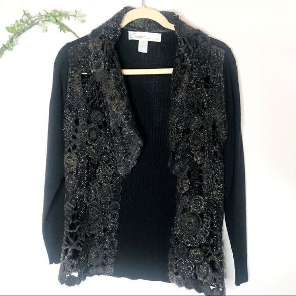 Curio New York Knit Detail Cardigan Black Tan Gold - Picture 1 of 13